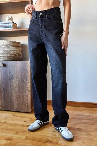 Calças de ganga de cintura alta - Preto