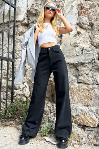 Calças de ganga wide legs de cintura alta - Preto