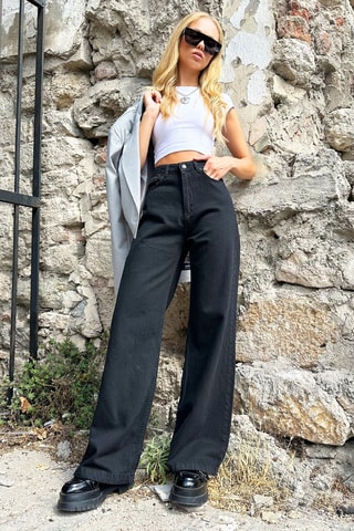 Calças de ganga wide legs de cintura alta - Preto