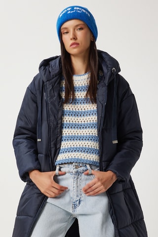 Blusão comprido com capuz - Azul-marinho