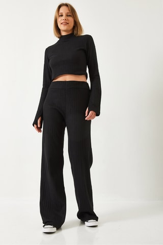 Pull court et pantalon palazzo taille haute - Noir