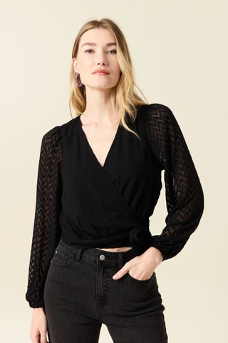 Blusa cruzada de plumeti  - Negro