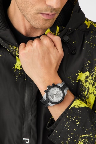 Montre à quartz en acier inoxydable - Chronographe - Argenté et noir