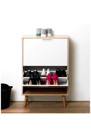 Meuble à chaussures 2 abattants en bois - 60 x 92 x 24 cm - Naturel et blanc