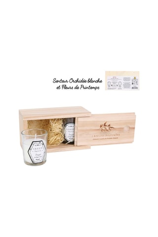 2 bougies et coffret en bois - Orchidée blanche et fleurs de printemps