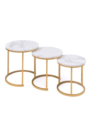 Tables basses rondes gigognes Glam plateau effet marbre blanc et pieds dorés - Lot de 3