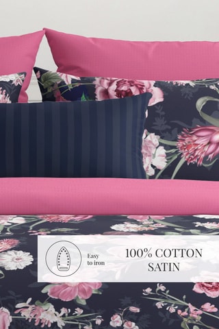 Conjunto de edredão em cetim de algodão 80 fios/cm² Eclat nocturne - Azul escuro e rosa