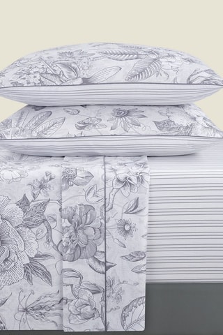 Conjunto de lençóis em cetim de algodão 80 fios/cm² Fleurs esquissées - Branco e cinzento