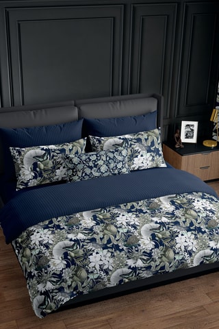 Conjunto de edredão reversível em cetim de algodão 80 fios/cm² Jardin orné DBL - Azul-escuro