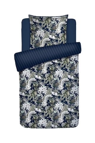 Conjunto de edredão reversível em cetim de algodão 80 fios/cm² Jardin orné DBL - Azul-escuro