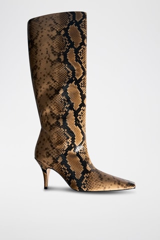 Bottes hautes cuir en imprimé serpent - Beige