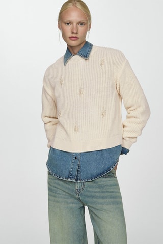 Pull-over grosse maille perles - Écru