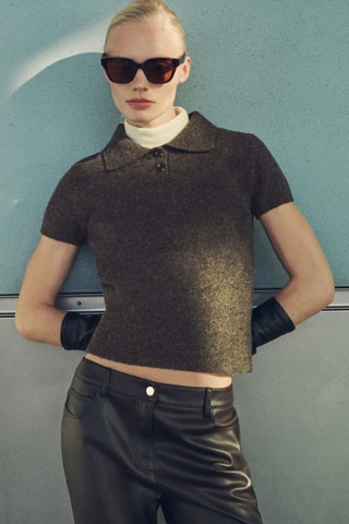 Pull-over manches courtes col polo - Marron