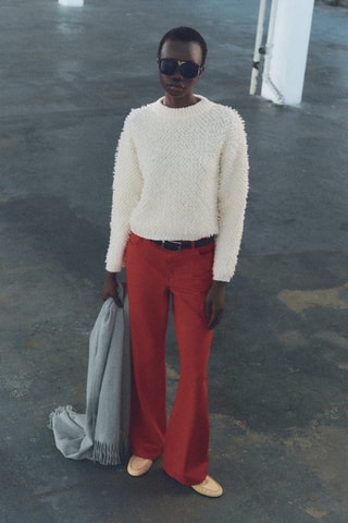 Pull-over tissu bouclette col rond - Ecru