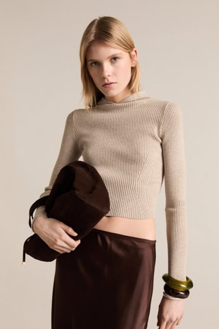 Pull-over maille côtelée capuche - Gris clair