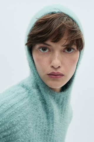 Pull-over capuche imitation fourrure - Turquoise