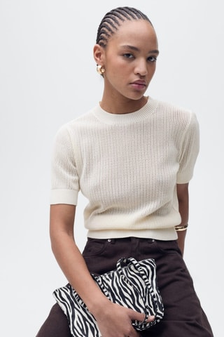 Pull maille ajourée manches courtes - Ecru