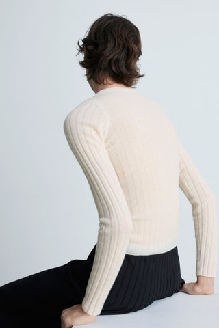 Pull-over maille côtelée col rond - Blanc cassé