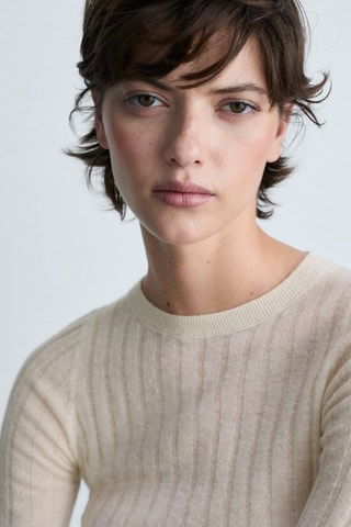 Pull-over maille côtelée col rond - Blanc cassé