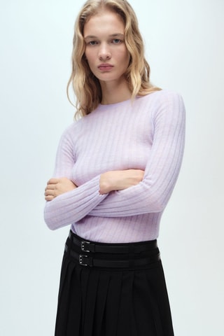 Pull-over maille côtelée col rond - Violet clair