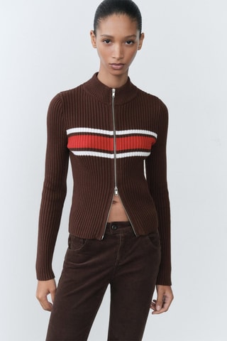 Cardigan maille côtelée empiècement contrastant - Marron