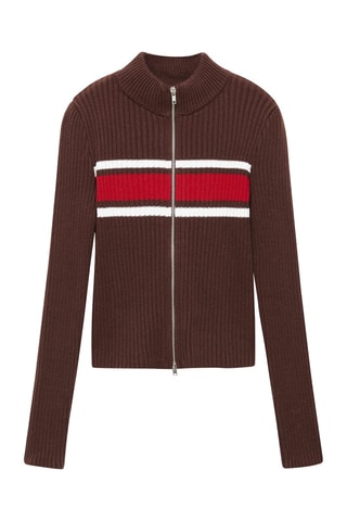 Cardigan maille côtelée empiècement contrastant - Marron