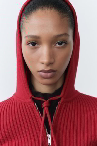 Cardigan maille côtelée capuche - Rouge