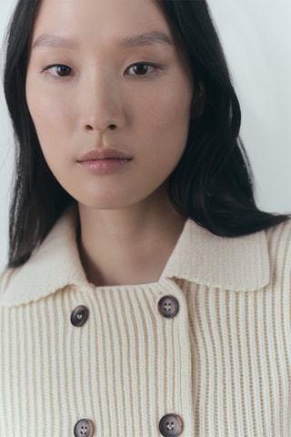 Veste maille côtelée boutons - Écru