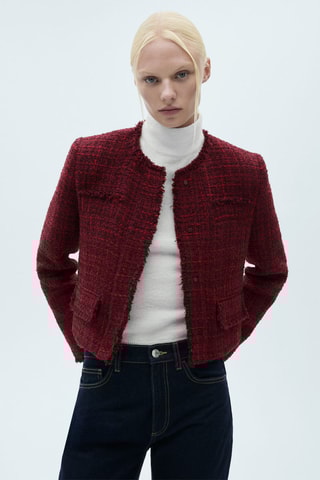 Veste tweed bords effilochés - Cerise