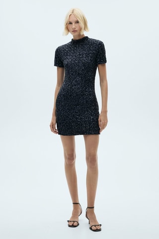 Robe paillettes manches courtes - Bleu nuit