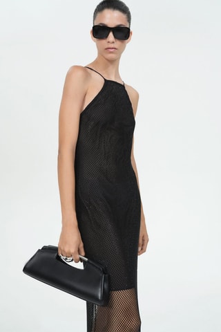 Robe maille filet détail strass - Noir