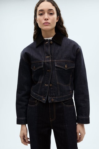 Blouson en jean col contrastant - Bleu marine
