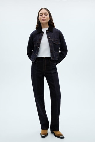 Blouson en jean col contrastant - Bleu marine