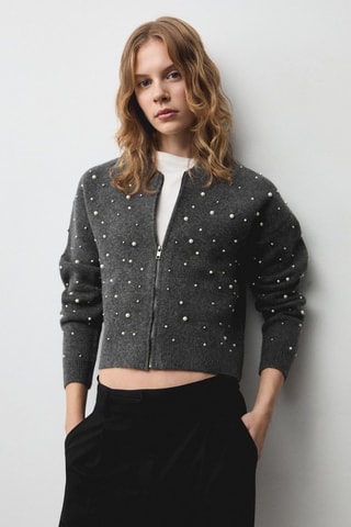 Blouson maille détail perles - Gris clair chiné