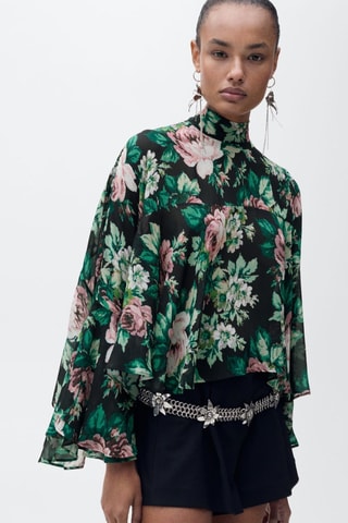 Chemisier à col montant imprimé fleuri - Noir