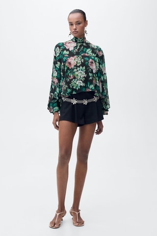 Chemisier à col montant imprimé fleuri - Noir