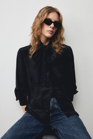 Chemise satinée nœud - Noir