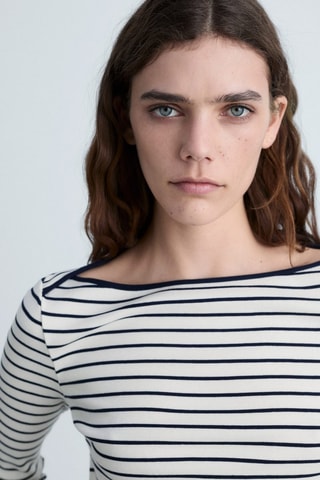 T-shirt rayures col bateau - Blanc cassé