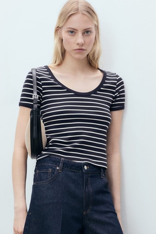 T-shirt en coton rayé à décolleté plongeant - Bleu marine