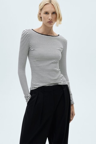 T-shirt à rayures côtelé - Blanc cassé