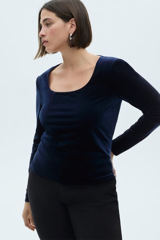 T-shirt décolleté velours - Bleu nuit