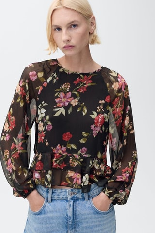 Blouse fleurie volants - Noir