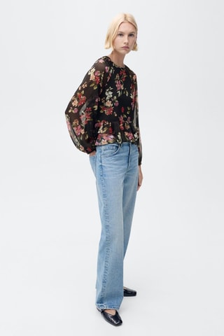 Blouse fleurie volants - Noir