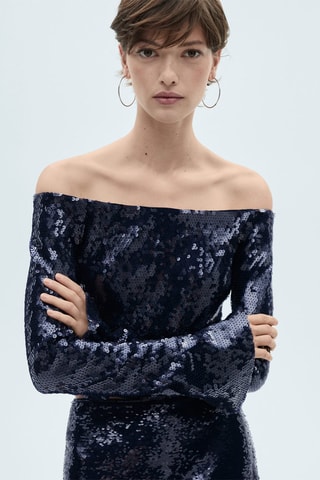 Blouse paillettes épaules dénudées - Bleu