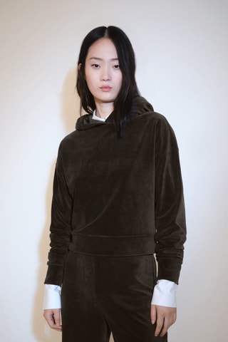 Sweat-shirt capuche velours côtelé - Kaki