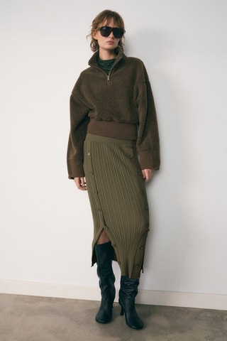 Sweat-shirt effet moutonné fermeture éclair - Kaki