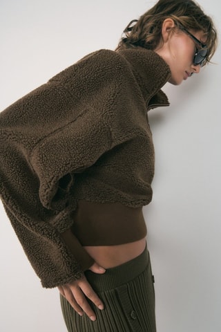 Sweat-shirt effet moutonné fermeture éclair - Kaki