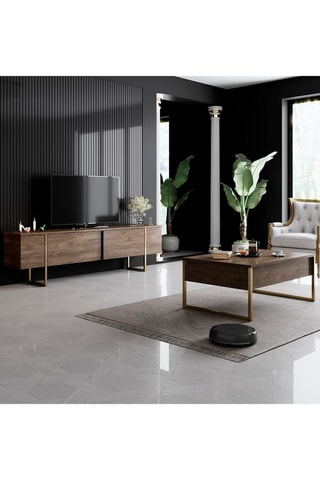 Meuble TV 2 portes et table basse - Imitation bois et doré