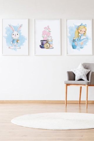 3 quadri Alice nel Paese delle Meraviglie - 33 x 43 x 2 cm - Blu e rosa