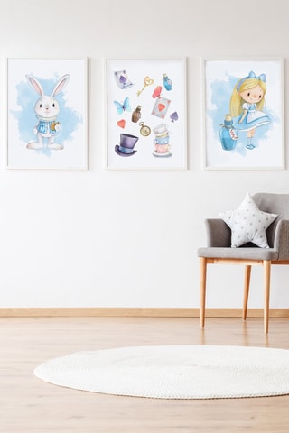 3 quadri Alice nel Paese delle Meraviglie - 33 x 43 x 2 cm - Bianco e blu